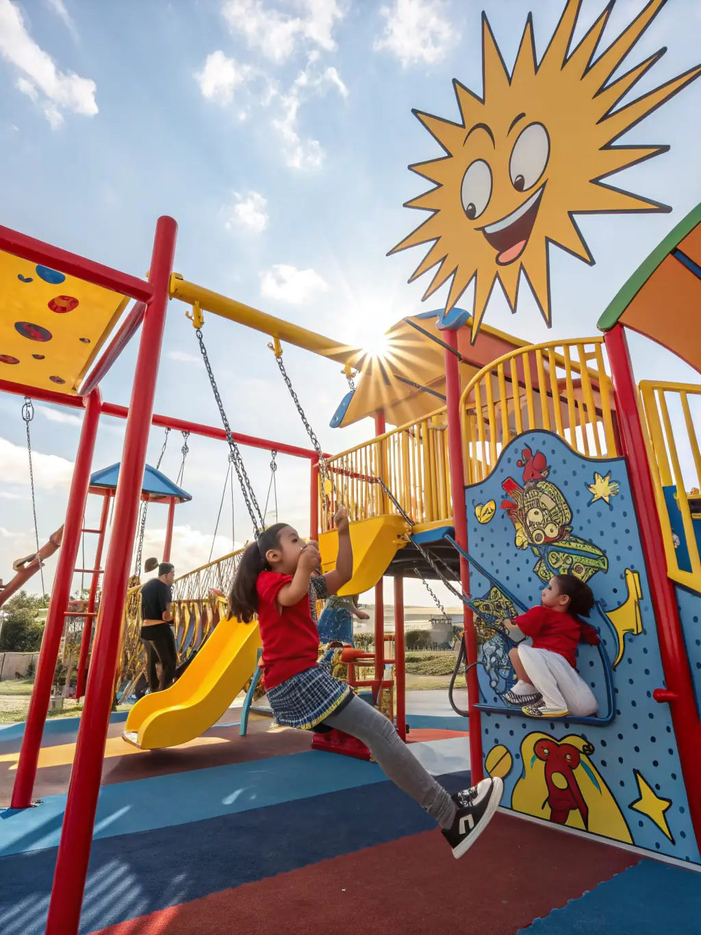 A group of children laughing and playing a game of tag in a sunny outdoor setting at AUBERGE DU MELEZET, showcasing the fun and engaging recreational activities available.