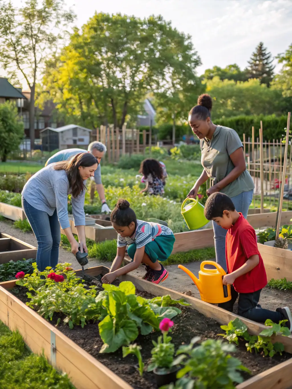 A diverse group of people participating in a community gardening project at AUBERGE DU MELEZET, highlighting the organization's commitment to community engagement and sustainable practices.
